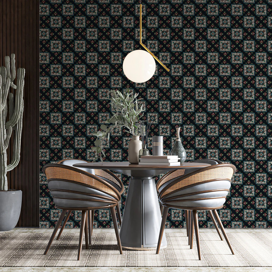 Intricate Folk Diamond Mural Wallpaper — Dark Traditional Repeat Mural Wallpaper