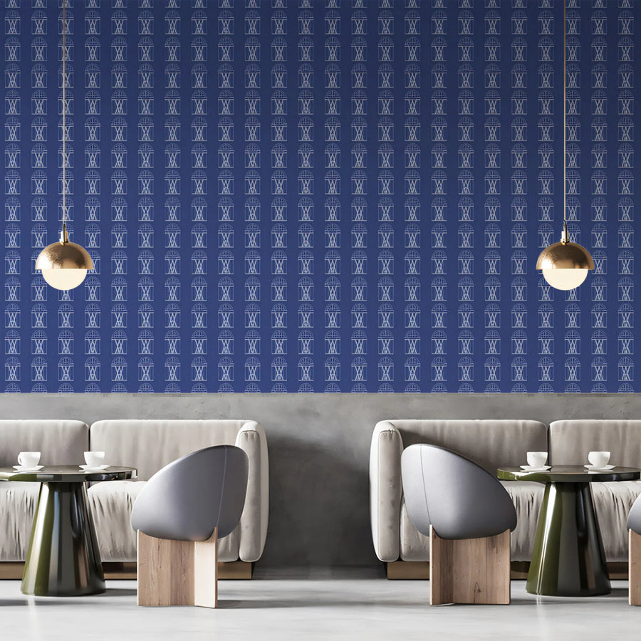 Minimalist Arch Grid Mural Wallpaper — Navy Blue Architectural Mural Wallpaper