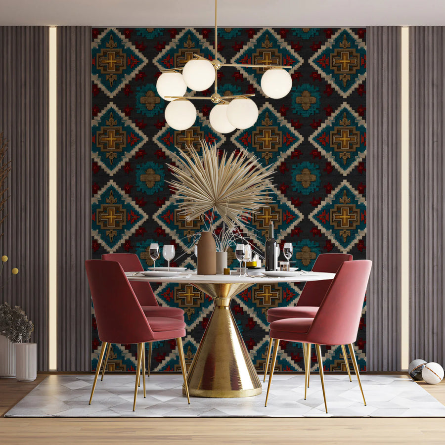 Geometric Diamond Brocade Mural Wallpaper — Rich Textile Motif Mural Wallpaper
