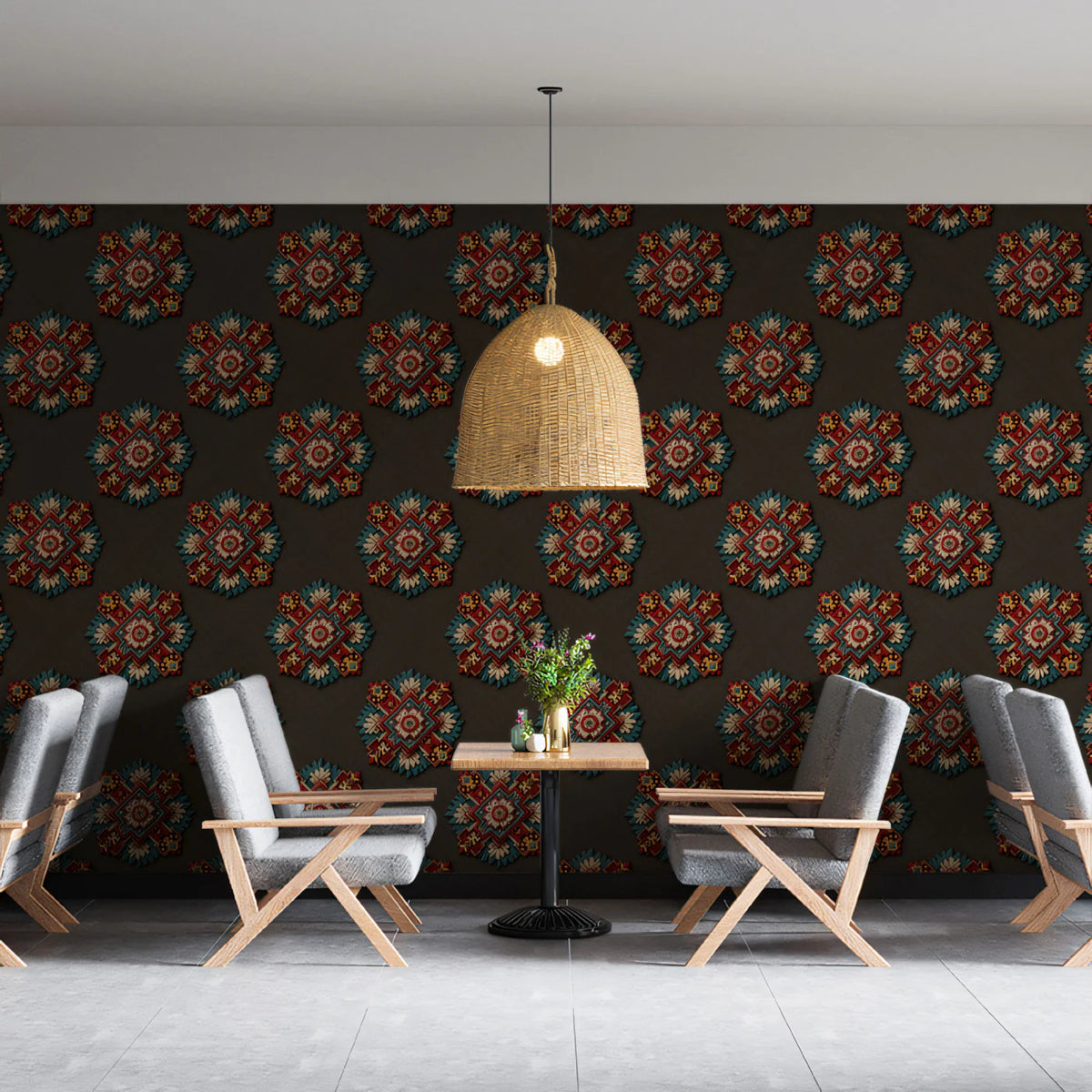 Symmetrical Geometric Floral Mural Wallpaper — Dark Traditional Print Mural Wallpaper - pure wallpaper artwork