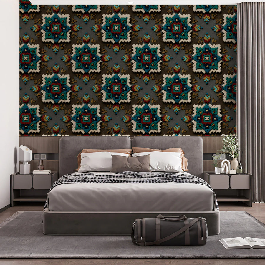 Southwestern Diamond Motif Mural Wallpaper — Rustic Folk Art Print Mural Wallpaper