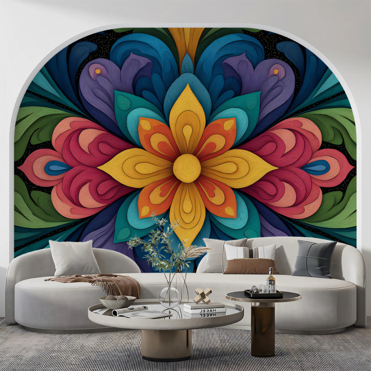 Symmetrical Floral Abstract Mural Wallpaper — Modern Rainbow Motif Mural Wallpaper - pure wallpaper artwork