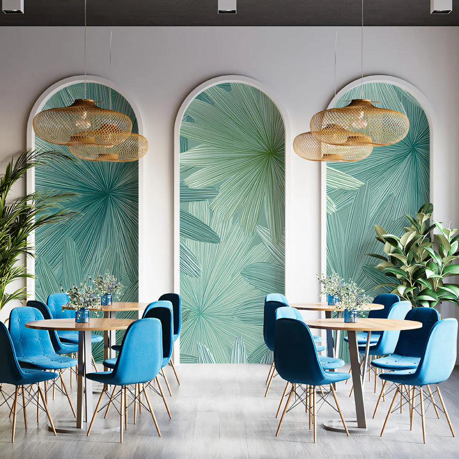 Starburst Botanical Mural Wallpaper — Cool Mint and Teal Line Art Mural Wallpaper