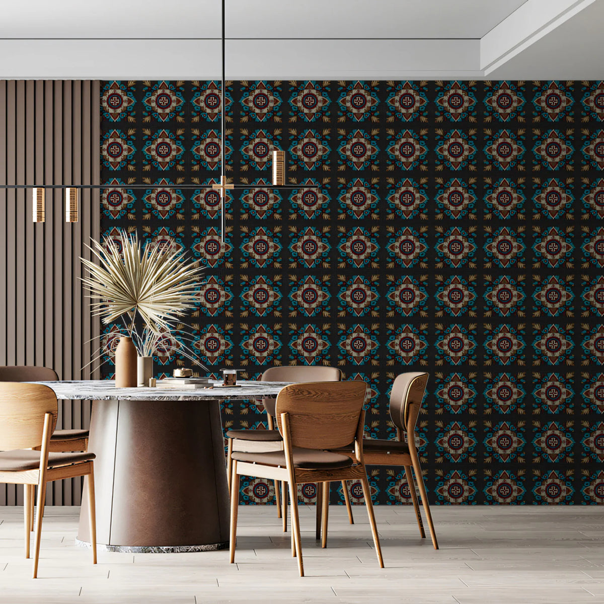 Traditional Floral Tile Mural Wallpaper — Midnight Geometric Print Mural Wallpaper - pure wallpaper artwork