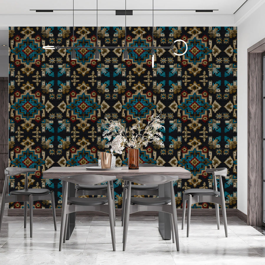 Ethnic Motif Geometric Mural Wallpaper — Dark Teal and Ochre Mural Wallpaper