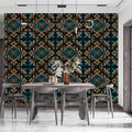 Ethnic Motif Geometric Mural Wallpaper — Dark Teal and Ochre Mural Wallpaper - pure wallpaper artwork
