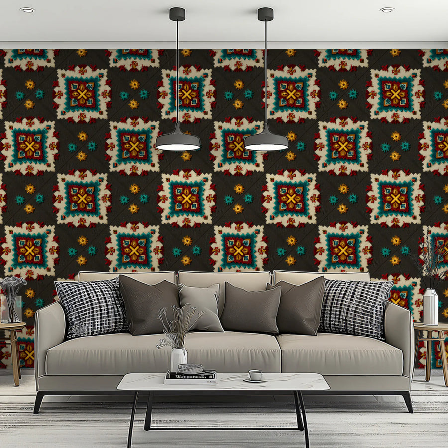 Folk Square Geometric Mural Wallpaper — Traditional Textile Motif Mural Wallpaper