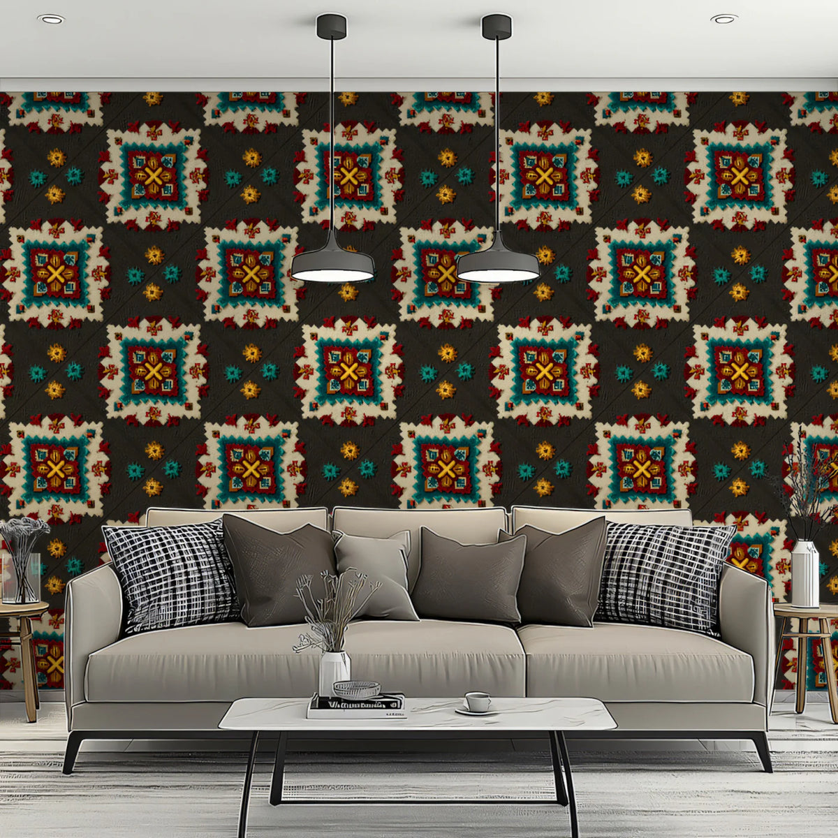 Folk Square Geometric Mural Wallpaper — Traditional Textile Motif Mural Wallpaper - pure wallpaper artwork