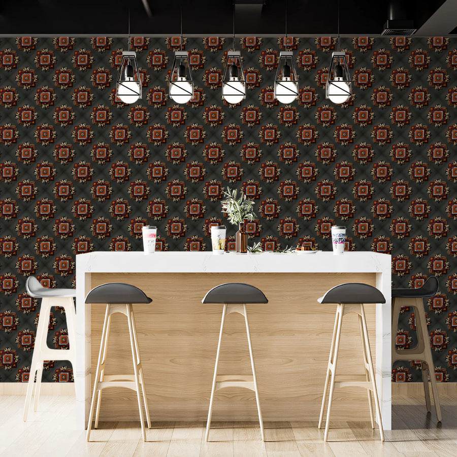 Starry Geometric Pattern Mural Wallpaper — Dark Traditional Motif Mural Wallpaper