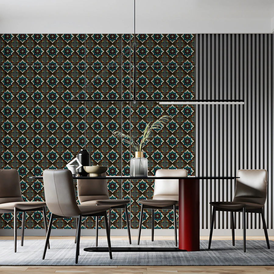 Star Mosaic Geometric Mural Wallpaper —Dark Teal and Ochre Mural Wallpaper