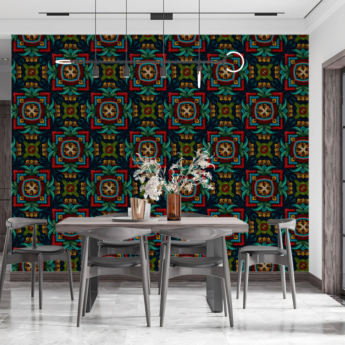 Embroidered Floral Square Mural Wallpaper — Rich Jewel Tones Mural Wallpaper - pure wallpaper artwork