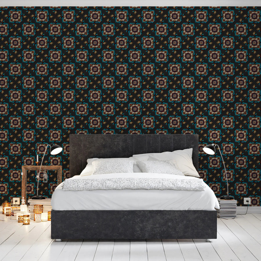 Intricate Geometric Floral Mural Wallpaper — Dark Traditional Print Mural Wallpaper