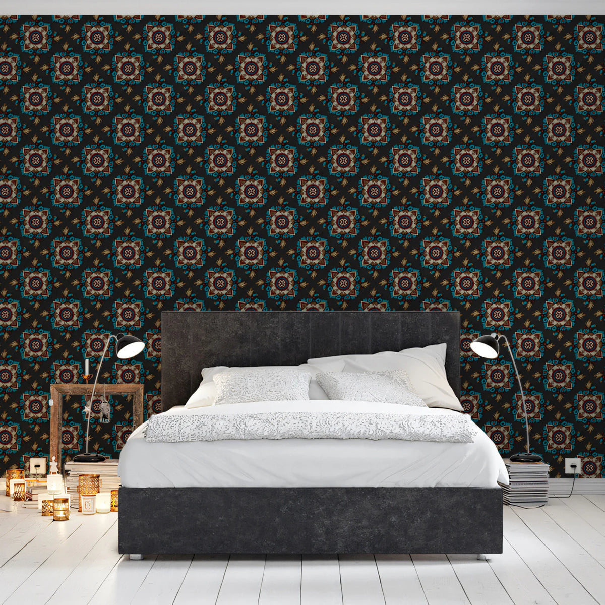 Intricate Geometric Floral Mural Wallpaper — Dark Traditional Print Mural Wallpaper - pure wallpaper artwork