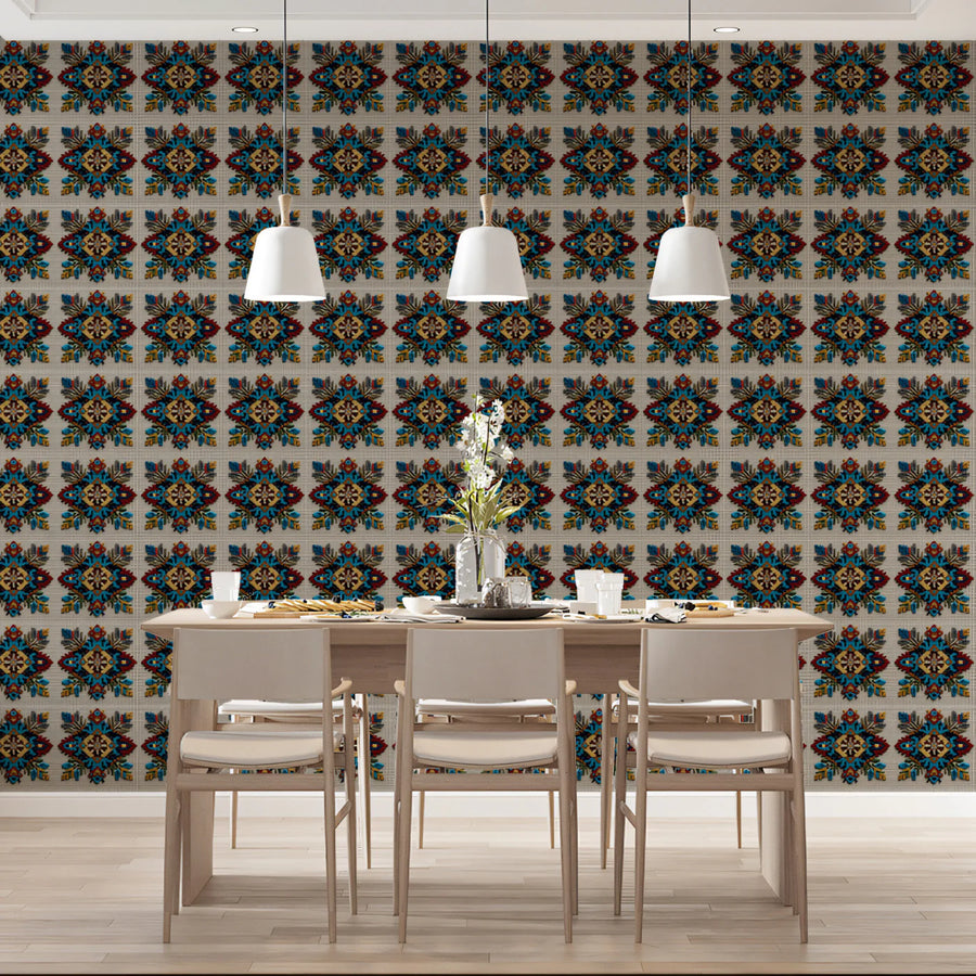 Traditional Floral Motif Mural Wallpaper — Embroidery Inspired Print Mural Wallpaper
