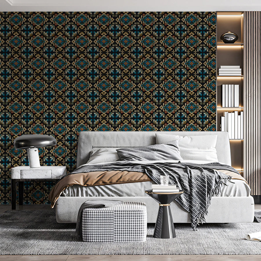 Tapestry Geometric Diamond Mural Wallpaper — Dark Jewel Tone Print Mural Wallpaper