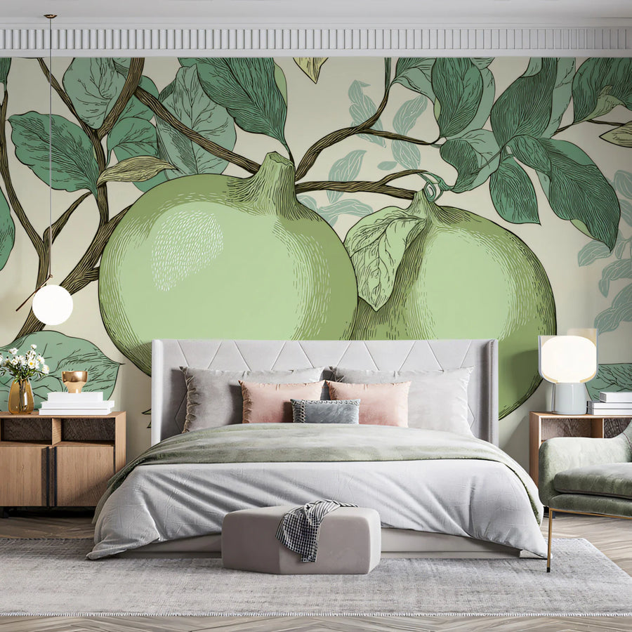 Pomegranate Orchard Mural Wallpaper — Vintage Botanical Illustration Mural Wallpaper
