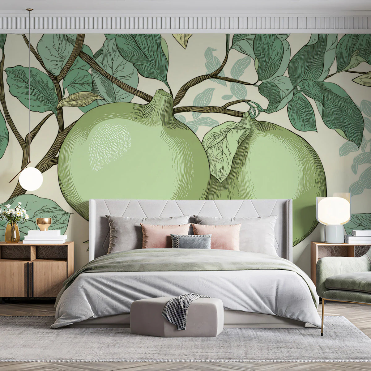 Pomegranate Orchard Mural Wallpaper — Vintage Botanical Illustration Mural Wallpaper - pure wallpaper artwork