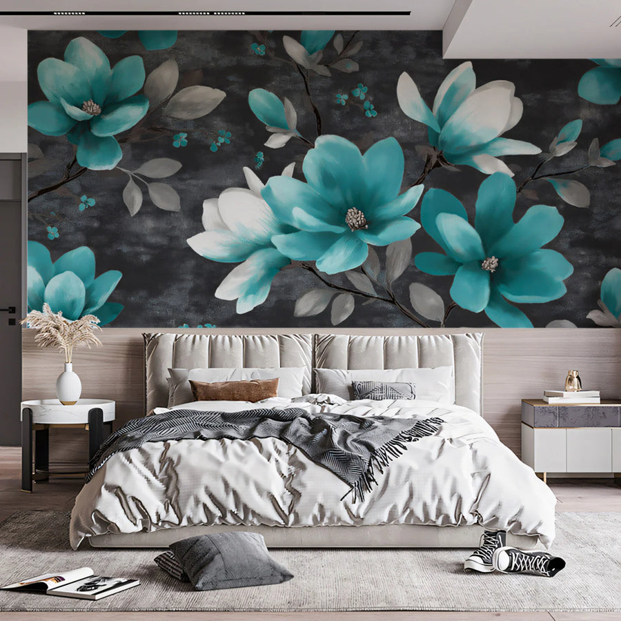 Teal Magnolia Floral Mural Wallpaper — Moody Botanical Art Mural Wallpaper