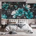Teal Magnolia Floral Mural Wallpaper — Moody Botanical Art Mural Wallpaper - pure wallpaper artwork