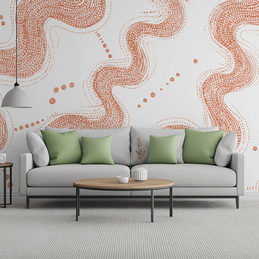 Terracotta Wavy Line Mural Wallpaper — Modern Minimalist Art Mural Wallpaper