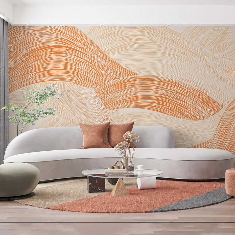 Abstract Rolling Hills Mural Wallpaper — Fluid Line Art in Sunset Mural Wallpaper
