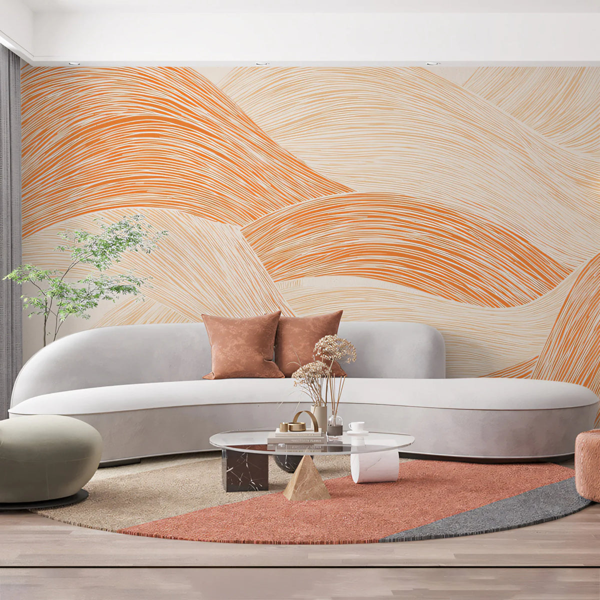 Abstract Rolling Hills Mural Wallpaper — Fluid Line Art in Sunset Mural Wallpaper - pure wallpaper artwork