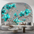 Teal Magnolia Blossom Mural Wallpaper — Botanical Line Art Mural Wallpaper - pure wallpaper artwork