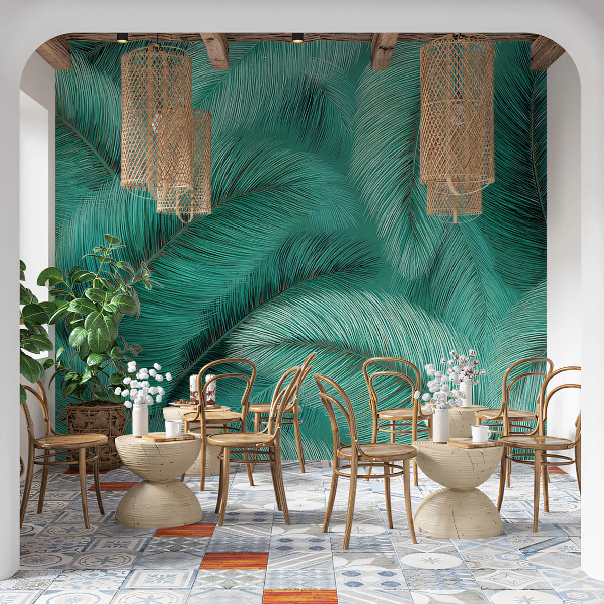 Teal Palm Frond Mural Wallpaper — Tropical Botanical Wall Decor Mural Wallpaper - pure wallpaper artwork