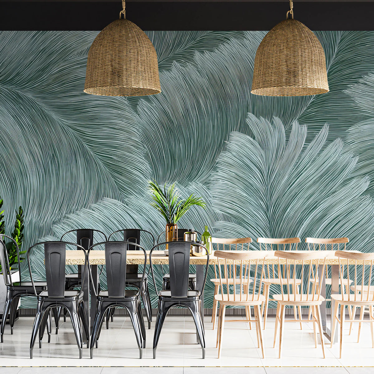 Feathered Swirl Mural Wallpaper — Teal Organic Line Art Mural Wallpaper - pure wallpaper artwork