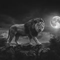 Crowned Lion Moonlight Mural Wallpaper —Dramatic Monochrome Mural Wallpaper - pure wallpaper artwork