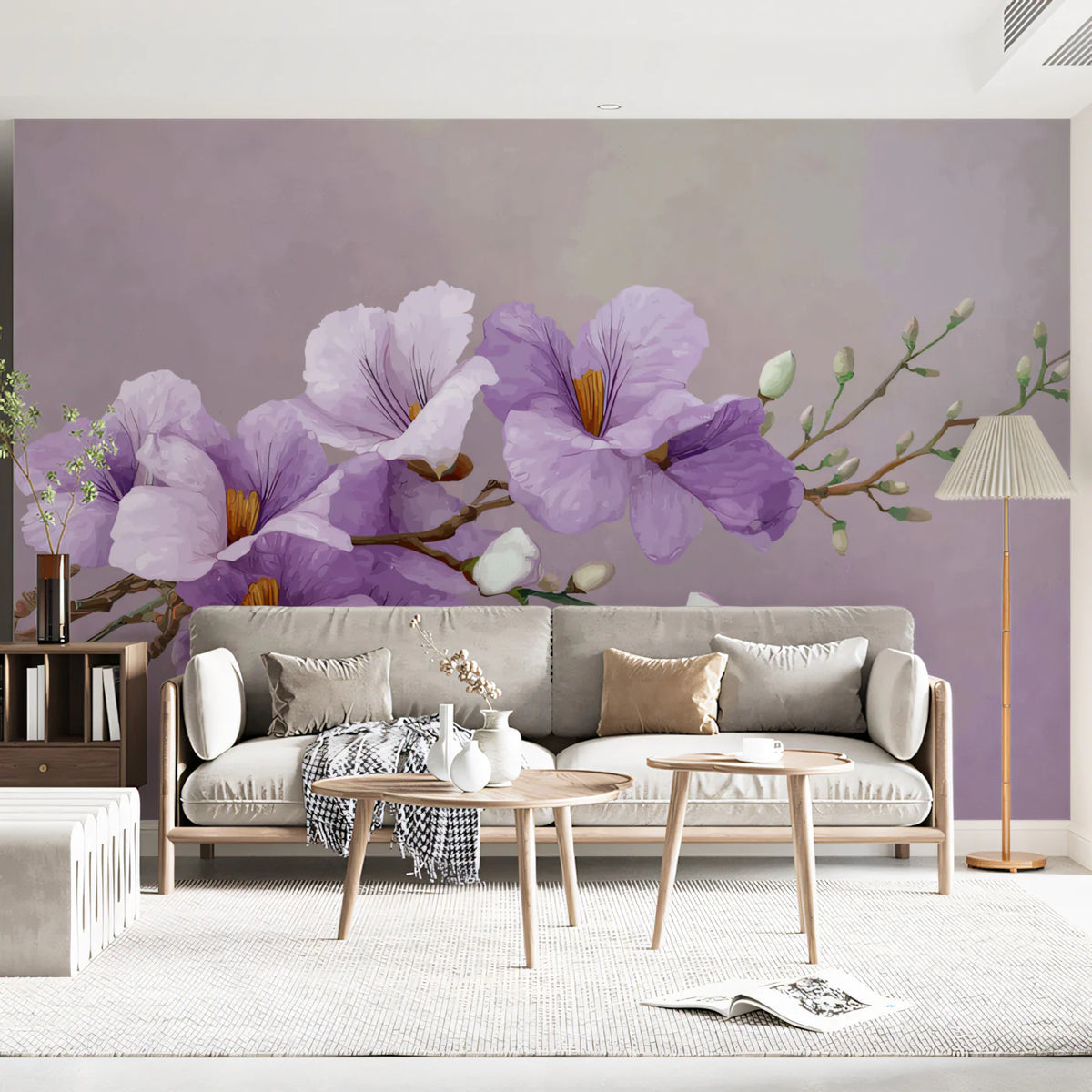 Watercolor Lavender Floral Branch Mural Wallpaper - pure wallpaper artwork