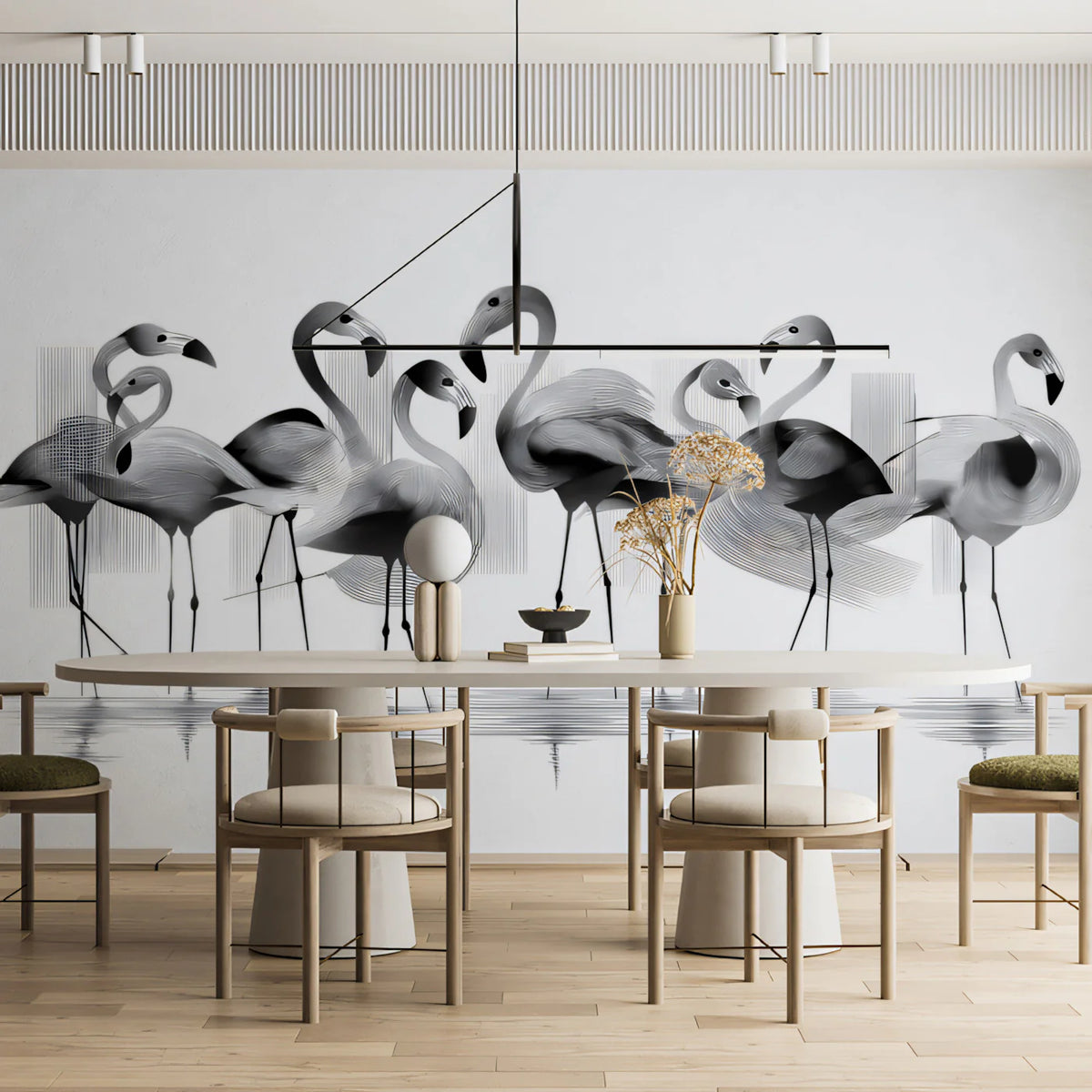 Abstract Flamingo Flock Mural Wallpaper — Monochromatic Line Art Mural Wallpaper - pure wallpaper artwork