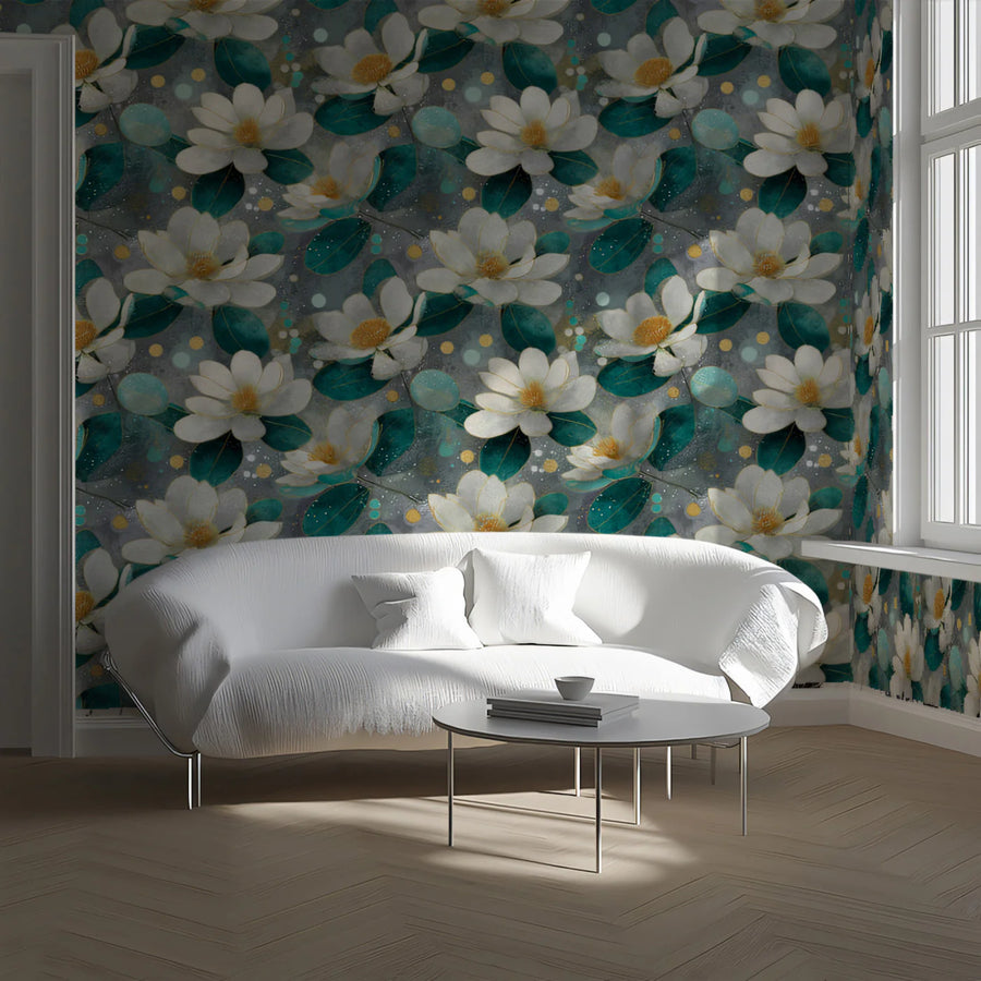 Abstract Magnolia Bloom Mural Wallpaper in Teal and Gold Mural Wallpaper