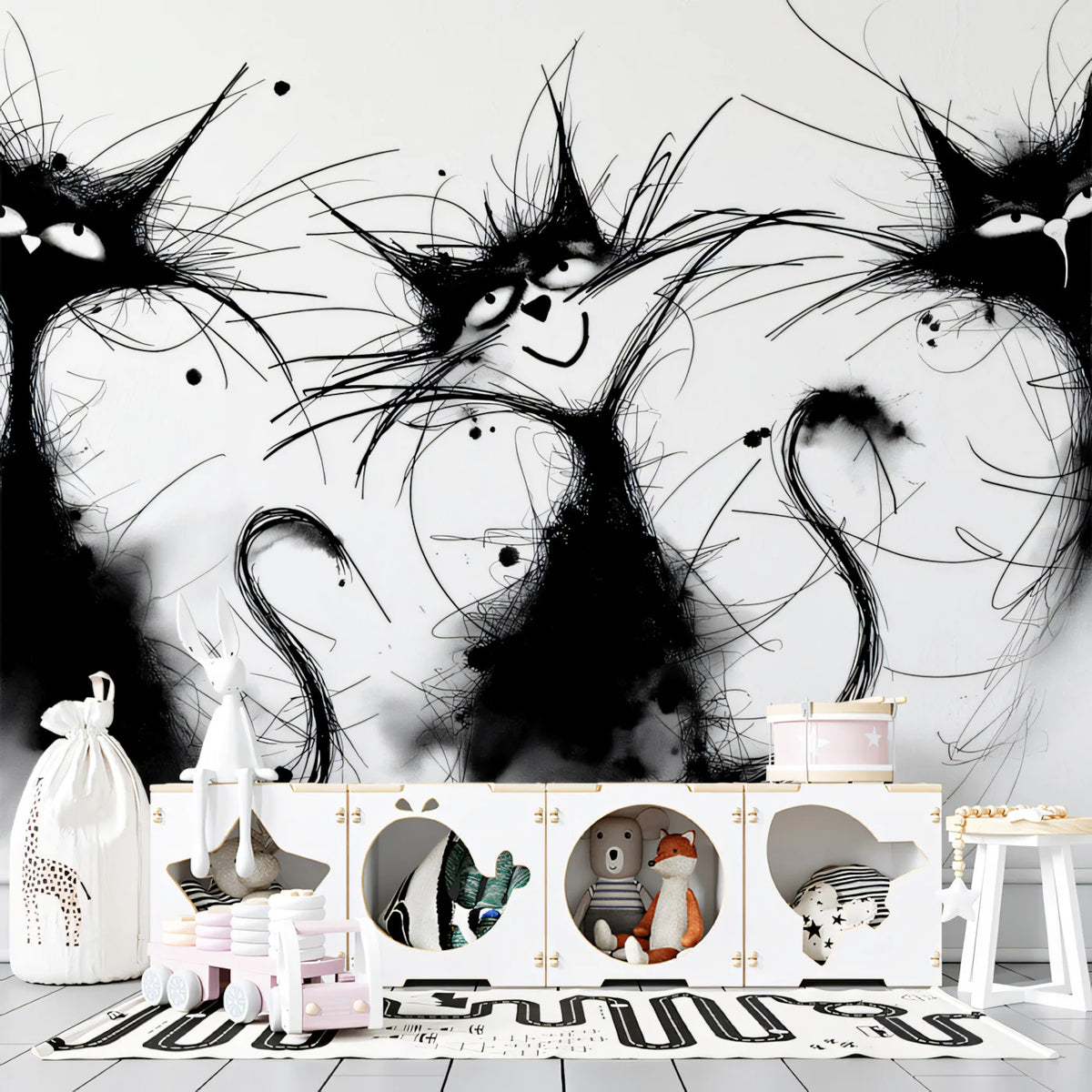 Ink Splatter Cat Sketch Mural Wallpaper — Playful Abstract Art Mural Wallpaper - pure wallpaper artwork