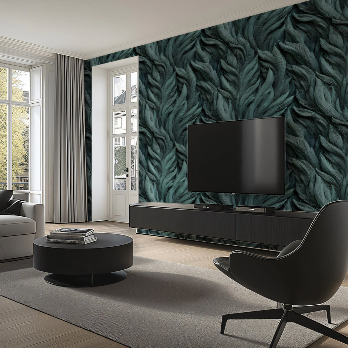 Deep Teal Feather Texture Mural Wallpaper — Organic Relief Pattern Mural Wallpaper - pure wallpaper artwork