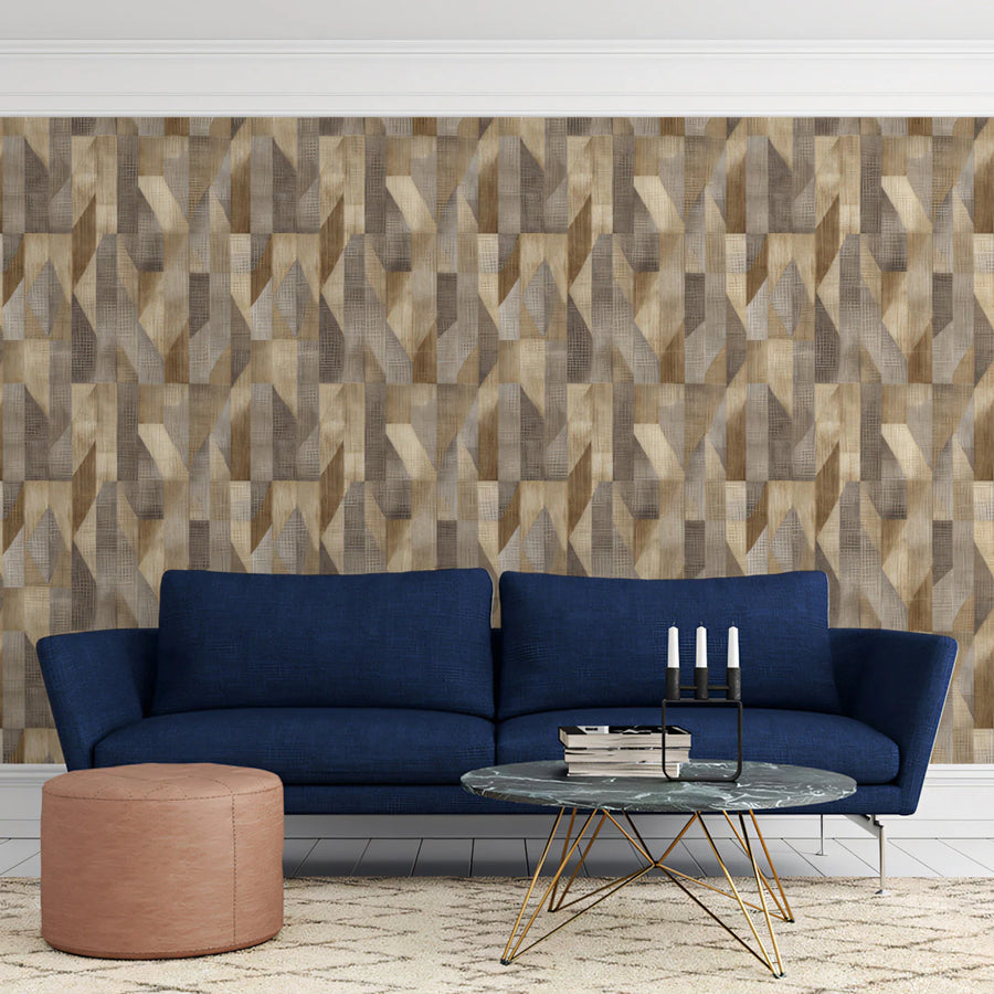 Geometric Prism Woodgrain Mural Wallpaper — Earthy Abstract Mural Wallpaper