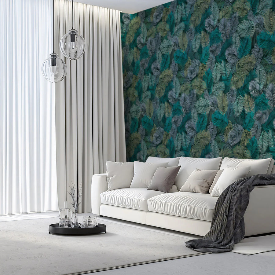 Feathered Frond Mural Wallpaper — Moody Teal Botanical Print Mural Wallpaper
