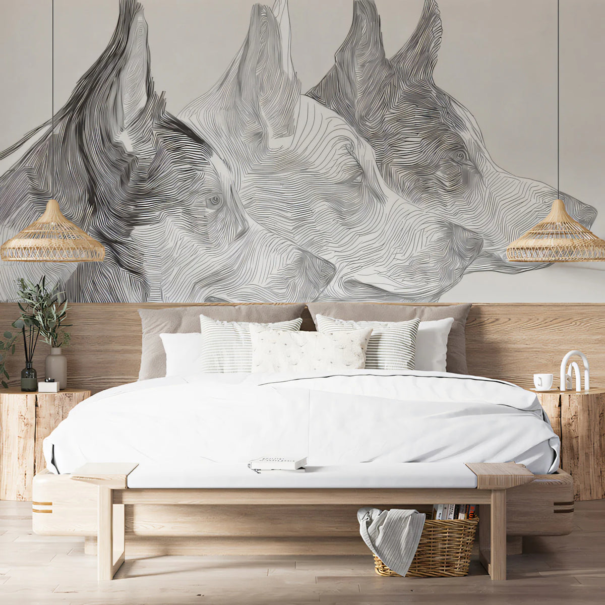 Abstract Canine Profile Mural Wallpaper — Modern Fine Line Art Mural Wallpaper - pure wallpaper artwork