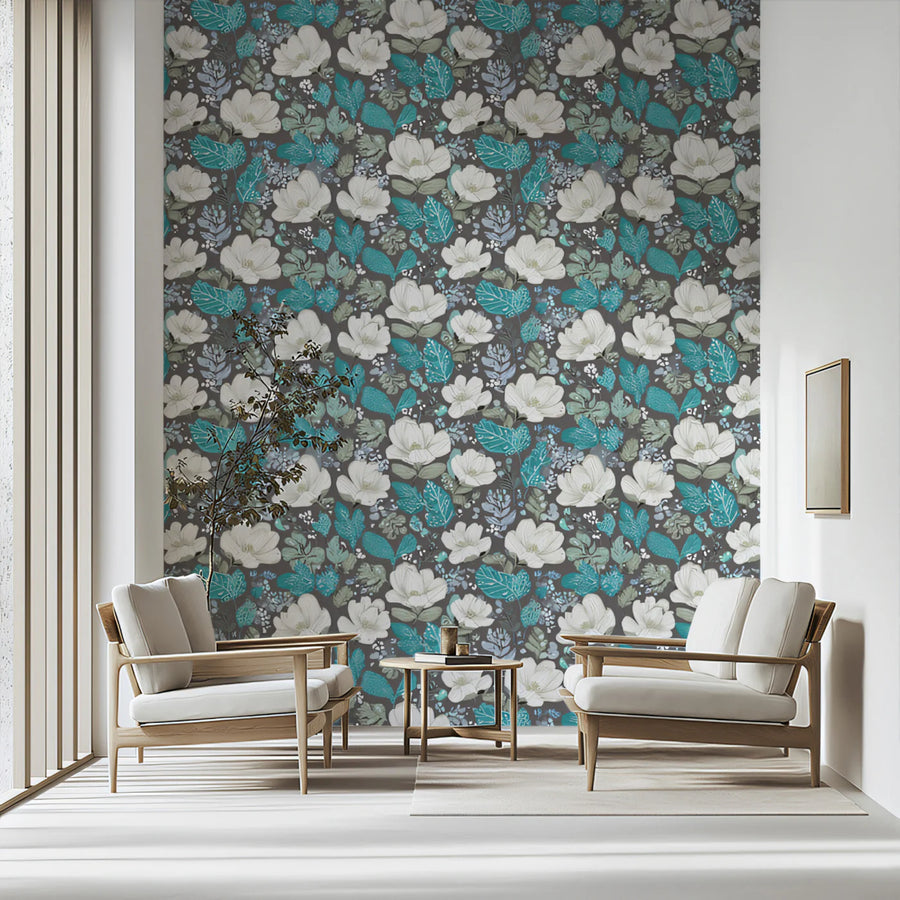 Teal and White Botanical Mural Wallpaper — Intricate Floral Print Mural Wallpaper