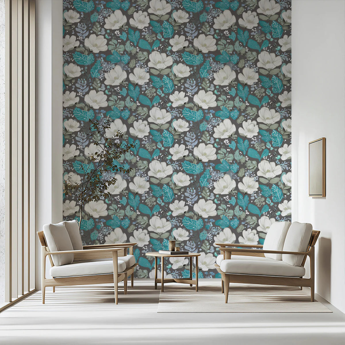 Teal and White Botanical Mural Wallpaper — Intricate Floral Print Mural Wallpaper - pure wallpaper artwork