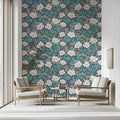 Teal and White Botanical Mural Wallpaper — Intricate Floral Print Mural Wallpaper - pure wallpaper artwork