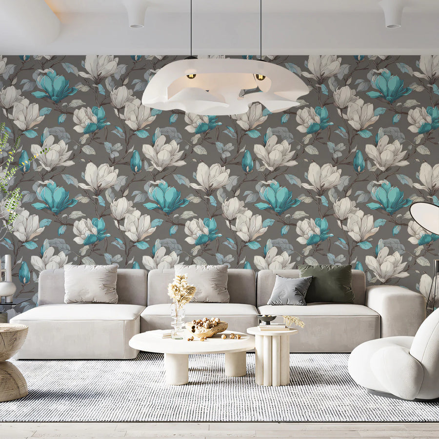Dual-Tone Magnolia Floral Mural Wallpaper — Modern Classic Mural Wallpaper