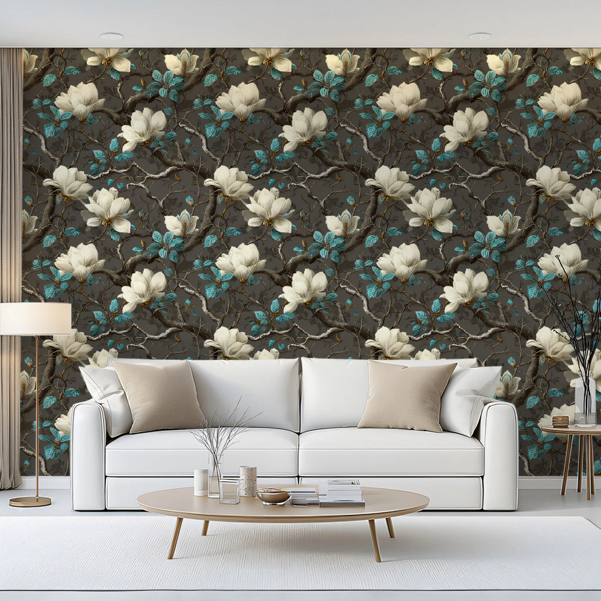 Dark Magnolia Floral Mural Wallpaper — Moody Botanical Print Mural Wallpaper - pure wallpaper artwork