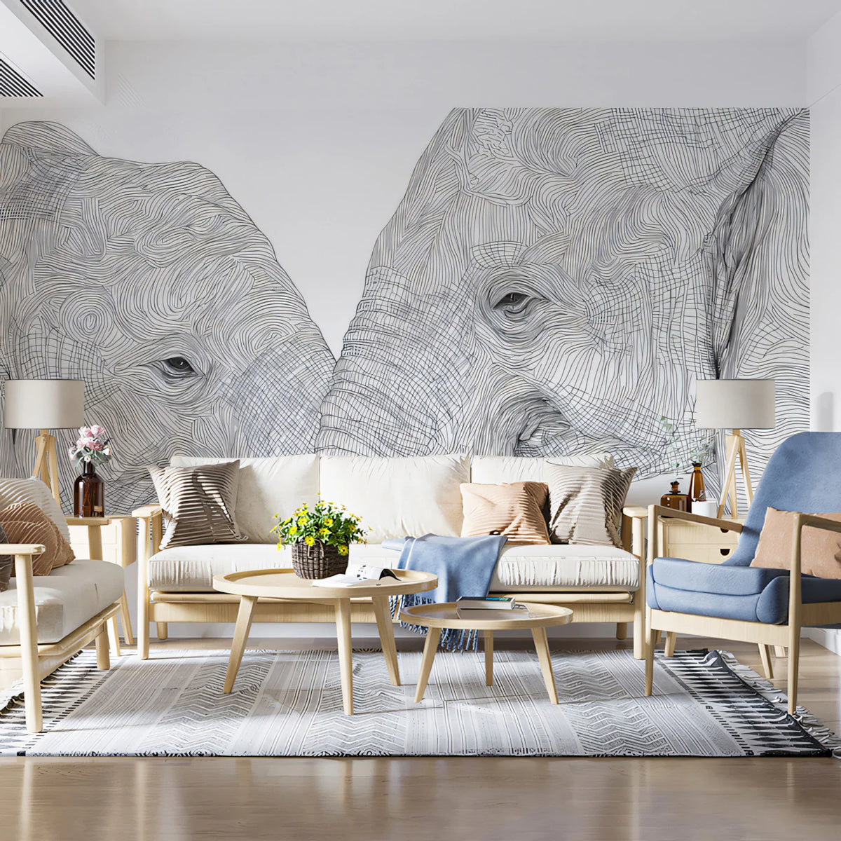 Elephant Embrace Mural Wallpaper — Minimalist Line Art Sketch Mural Wallpaper - pure wallpaper artwork