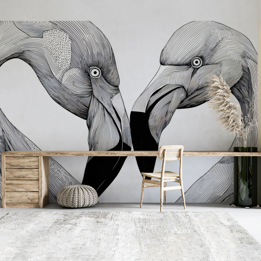 Flamingo Heart Silhouette Mural Wallpaper — Graphic Line Art Mural Wallpaper