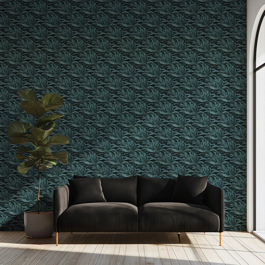 Dense Foliage Mural Wallpaper in Dark Teal and Slate Gray Mural Wallpaper