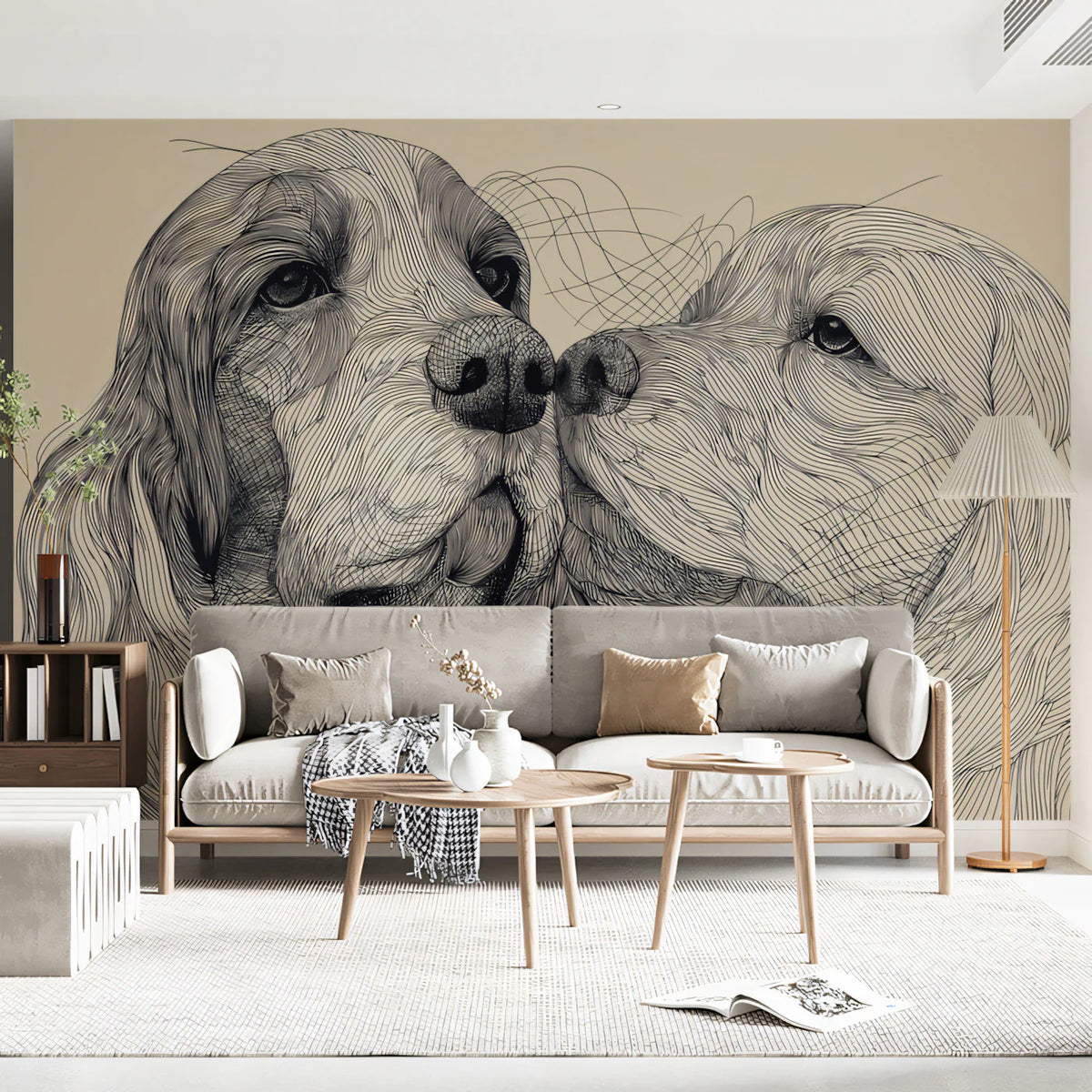 Spaniel Duo Line Art Mural Wallpaper — Sophisticated Pet Portrait Mural Wallpaper - pure wallpaper artwork
