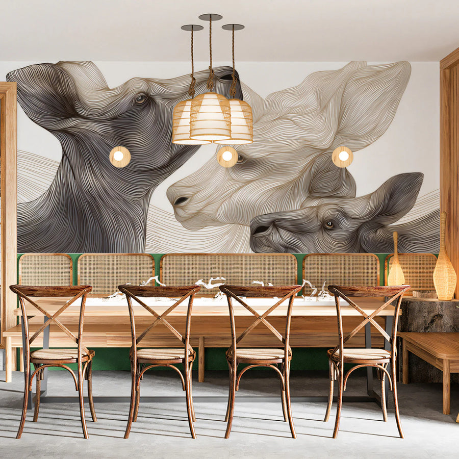Fluid Deer Portrait Mural Wallpaper — Minimalist Line Art Design Mural Wallpaper
