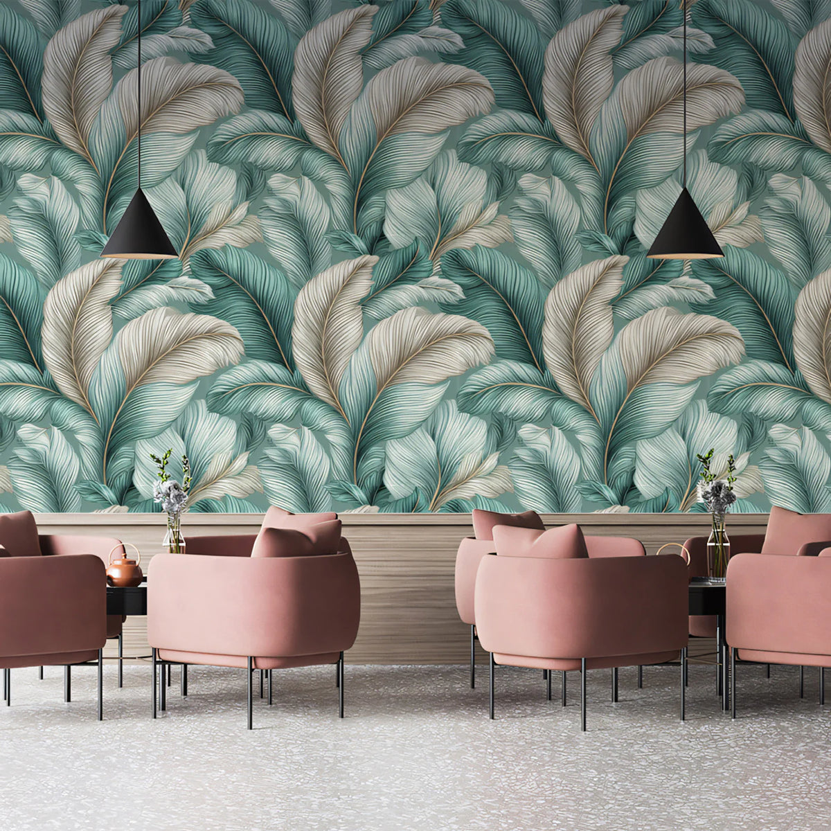 Feathered Frond Mural Wallpaper in Teal and Cream Mural Wallpaper - pure wallpaper artwork