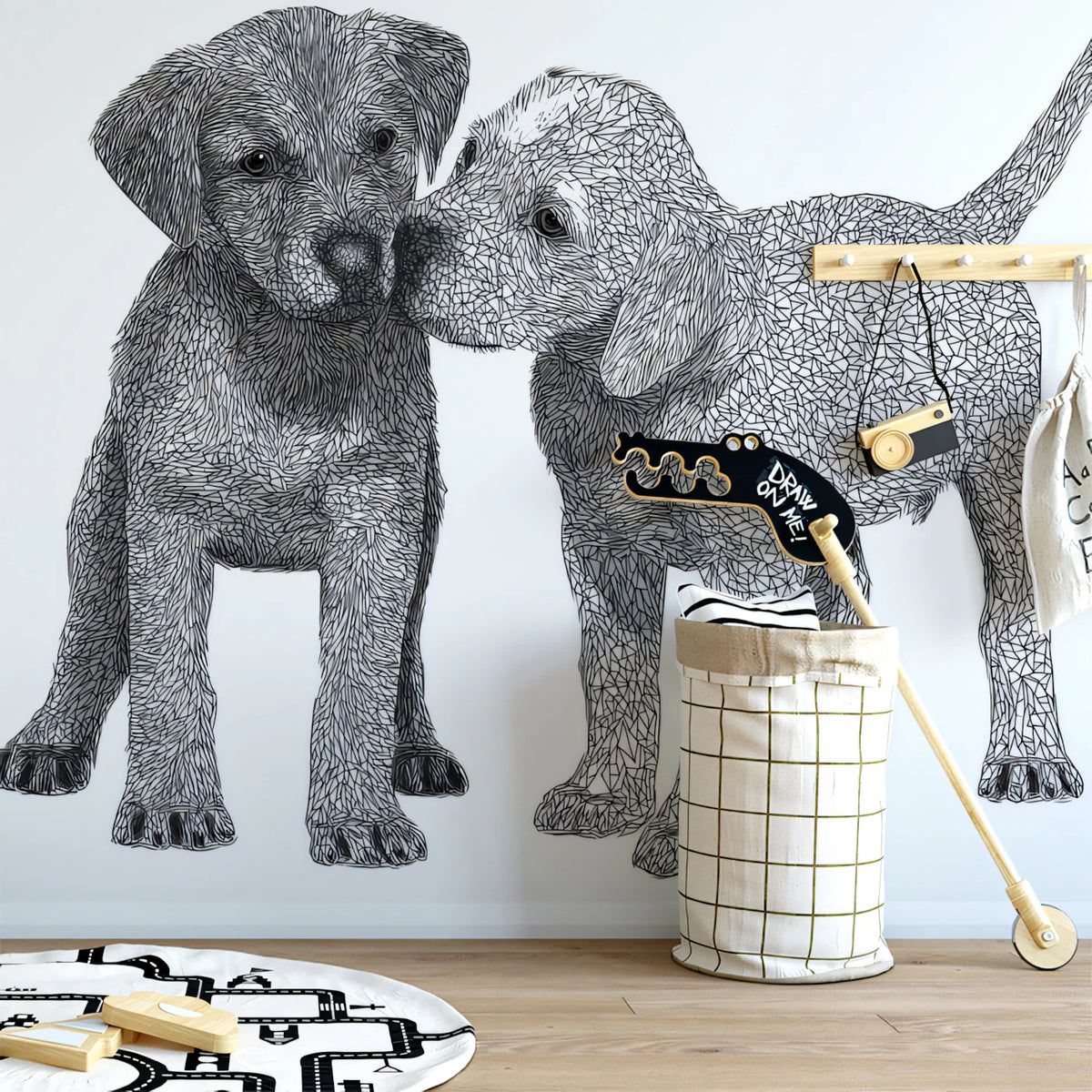 Puppy Duo Geometric Sketch Mural Wallpaper — Modern Monochrome Art Mural Wallpaper - pure wallpaper artwork